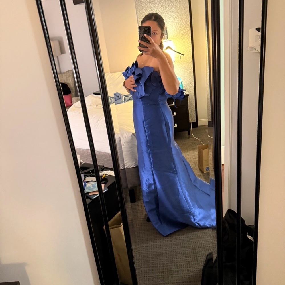 Rene Ruiz Strapless Satin Dress with Bow in Blue - Picture 4 of 7